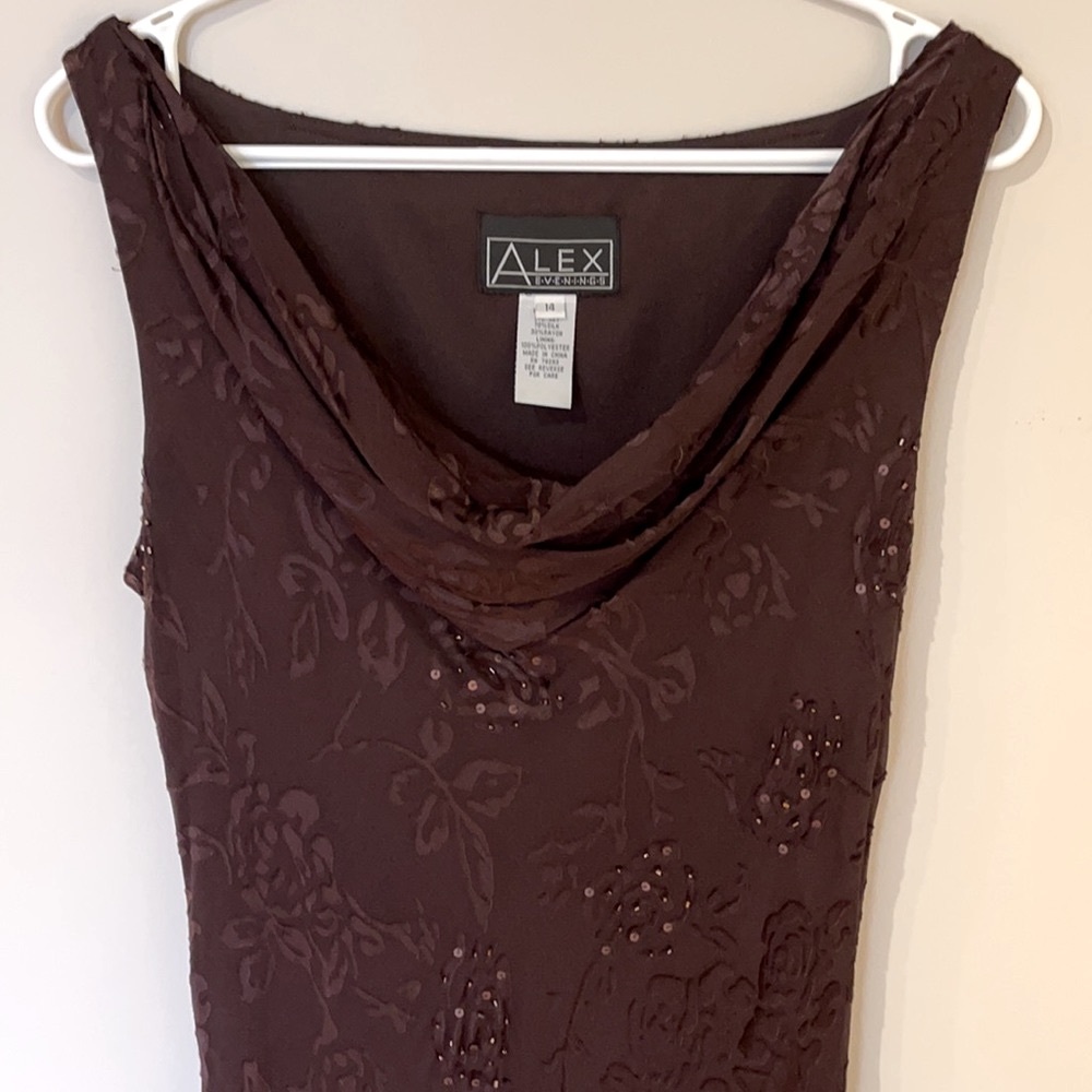Brown beaded maxi dress with triangular beaded wrap